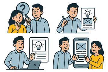 User experience design process. UX UI designer researching customer needs, wireframing, prototyping. App development lifecycle. User research, testing, feedback concept vector set.