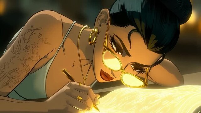 Animated woman writing in a journal with light illumination and tattoos illustration style video