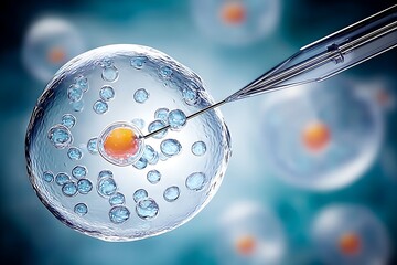 A close-up of a fertilized egg being injected with a thin needle. This image symbolizes fertility, medical innovation, and the process of in vitro fertilization (IVF).