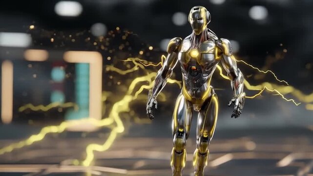 Futuristic metallic robot surrounded by electrical energy and advanced technology