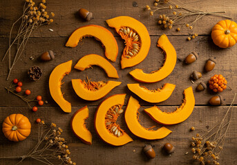Raw Pumpkin Slices and Autumn Decor: A flat-lay (top-down) composition of raw, bright orange pumpkin slices arranged in a spiral pattern on a dark rustic wooden background, surrounded by small gourds,