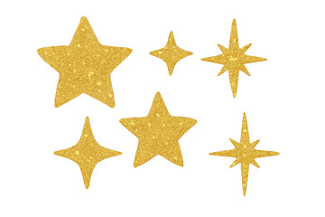 Golden glitter stars set isolated on transparent background. Gold shiny textured star collection. Festive clip art for Christmas and New Year celebration. Luxury award symbol.