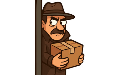 Suspicious man in trench coat and hat holding cardboard box stealthy spy secretive character illustration, sneaky person hiding behind wall, mystery delivery concept