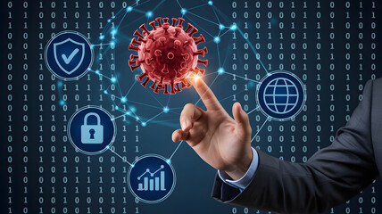 A hand touching a virus icon with digital background and security and data related icons