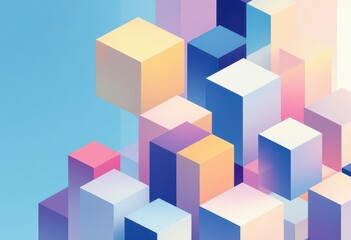 Obraz premium Abstract geometric design featuring stacked, colorful cubes against a light blue background.