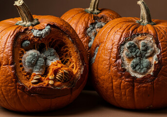 Moldy and Decaying Pumpkins: A grim, close-up studio shot of three orange pumpkins, one of which is cut open to reveal heavy blue-green and white mold growing on the flesh and seeds, indicating severe