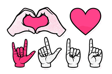Love gesture hands set. Vector illustration collection with I Love You sign, heart shape, and other symbols. Pop art halftone collage elements for posters and stickers design.
