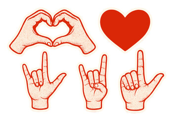 Obraz premium Vector set of love and romance hand gestures. Halftone retro art collage with I love you sign language, heart hands, rock on gesture and L letter. Trendy valentine sticker pack.