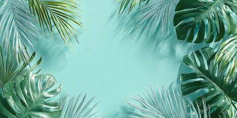Tropical leaves frame on light blue background, monstera and palm leaves, summer design, copy space, top view, flat lay, pastel colors