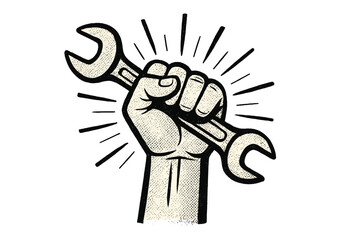 Labour Day concept with hand holding a wrench. 1st May workers day poster. Fist symbol of power, revolution and protest. Vintage vector illustration for international holiday.