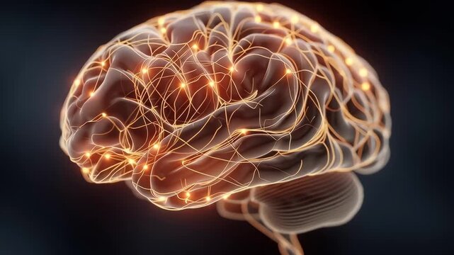 A brain with many wires coming out of it. The brain is glowing and it looks like it is on fire
