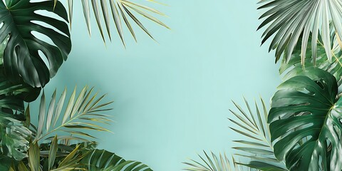 Tropical leaves frame on light blue background, monstera and palm leaves, summer design, copy space, top view, flat lay, pastel colors