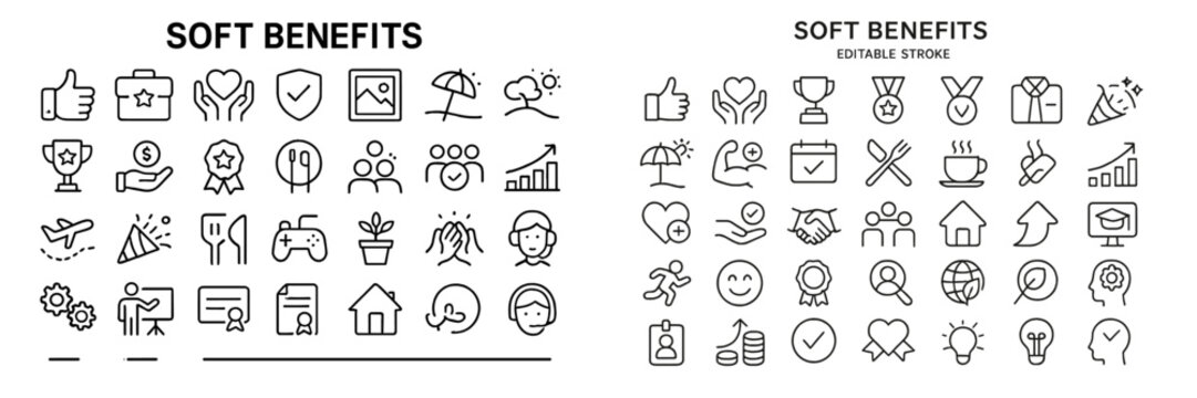 Collection of line icons depicting soft benefits for employee engagement and workplace culture