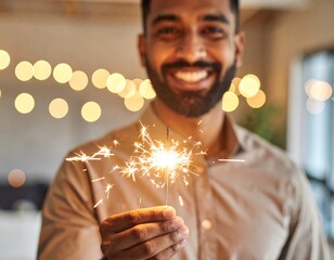 Man with sparkler smiling