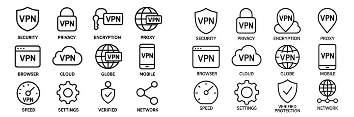 Collection of VPN icons showcasing security, privacy, and encryption features for online safety