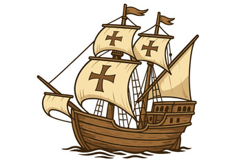 Vintage caravel ship with sails and crosses, historical sailing vessel vector cartoon illustration, old wooden explorer ship with flags, maritime navigation concept