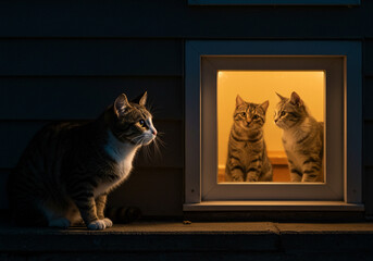 Stray Cat Looking In: A poignant night photograph of a lone striped cat outside a window, gazing in at two other cats sitting comfortably in a warm, lit room
