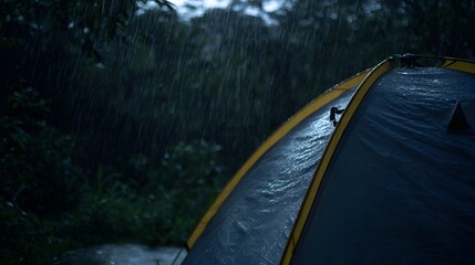 A tent illuminated from within, set in a dense forest during heavy rain, with raindrops visible and a moody atmosphere