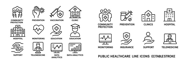 Health care icons collection showing various aspects of community protection, vaccination, and telemedicine services