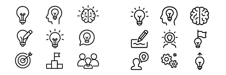 Creative concepts represented by light bulbs, brains, and human figures in a simple outline style