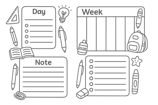 Cute planner template set for kids. Daily, weekly organizer with to-do list, note paper. Vector linear doodle illustrations of school supplies like backpack, pen, book.