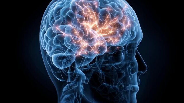 A brain with a red spot on it. The brain is shown in a blue color. The red spot is glowing and it looks like a lightning bolt