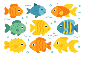 Naklejka premium Cute cartoon fish set. Childish sea characters collection. Ocean animal illustration. Underwater tropical fish for kids. Marine life vector for nursery and baby design.