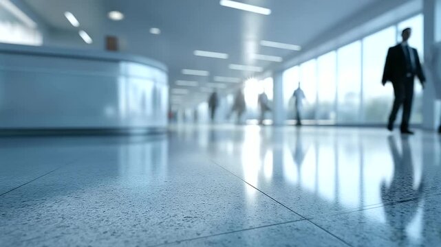 minimalist hospital lobby bathed in natural light patients walking calmly across polished floors spacious modern architecture three quarter wide angle cinematic color correction