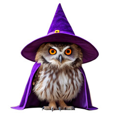 Cute fluffy owl wearing a purple witch hat and cape for halloween isolated on transparent background