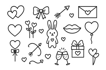 Love doodle clipart set for romantic design. Hand drawn Valentine's Day icons collection. Cute vector elements like heart, cupid's arrow, gift, bunny, kiss, balloon, bow, letter.