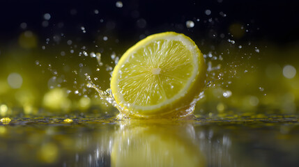 Zesty Lemon Splash: A vibrant half of lemon, bursting with freshness, creates a dynamic splash of water, highlighting the bright zest and natural juiciness, reflecting the essence of freshness.