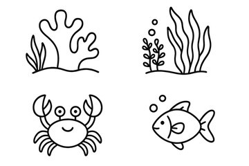 Cute sea animals doodle set. Cartoon fish, crab, coral, seaweed line art icons. Minimalist underwater marine life collection for coloring book. Simple contour vector illustration.