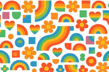 Retro 70s groovy seamless pattern for Pride Month. LGBT June parade background with rainbow hearts, hippie flowers. Abstract geometric vector for banner, card, poster.
