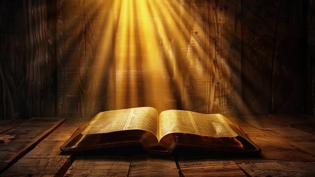 An open bible sitting on a wooden table with a simple and elegant design