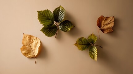 Autumn leaves on beige background, showcasing the transition from green to yellow, capturing the essence of fall and seasonal change