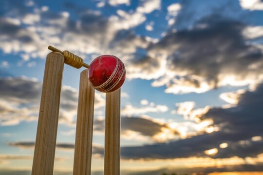 Cricket ball collision: A cricket ball suspended mid-air, poised to strike the wickets, is bathed in the warm hues of a sunset, symbolizing the energy and drama of the sport.