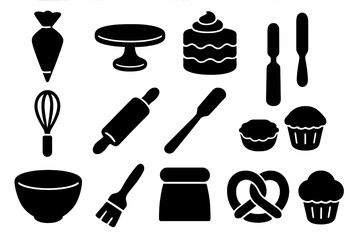 Baking tools icon set in black silhouette style. Pastry and cake decoration equipment collection. Vector kitchen utensils for cooking desserts, muffins, and pies. Whisk, rolling pin.