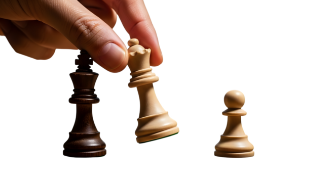 Hand moving white queen chess piece to capture black king isolated on transparent background