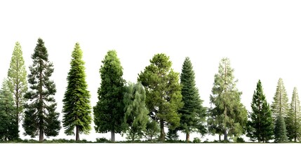 A row of tall, lush green pine trees against a white background