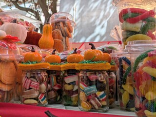Autumn candy assortment: pumpkin treats in jars