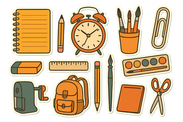 Retro school supplies sticker kit. Set of vintage stationery elements for back to school. Vector illustration collection with backpack, notebook, pencil, paints, and alarm clock.