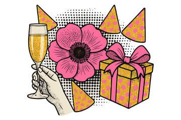 Happy birthday party celebration. Pop art vector collage with hand holding champagne glass, pink anemone flower, golden gift box, party hats. Halftone comic style with glitter.