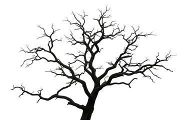 Detailed silhouette of a bare deciduous tree with intricate branches and twigs isolated on transparent background