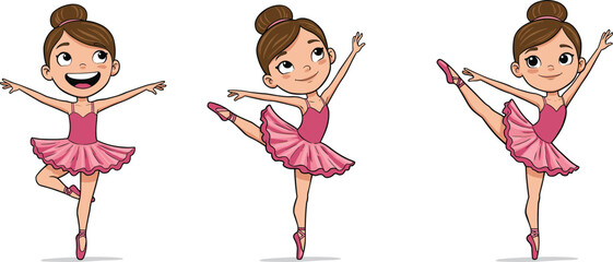 Cute cartoon ballerina girl dancing in pink dress, ballet dancer illustration, kids character art, graceful performance, dance pose clipart
