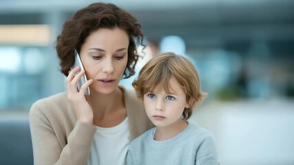 mother calling insurance provider in waiting room while child looks on emotional tone real life healthcare stress three quarter wide angle cinematic color correction gentle