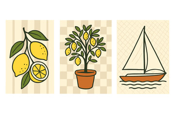 La dolce vita posters set with hand drawn lemons, potted tree and yacht. Vector illustration on minimalist striped and checkered backgrounds. Mediterranean summer vacation concept.