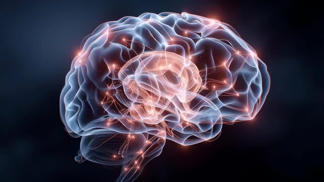 A brain with red and blue lights surrounding it. The brain is surrounded by a network of lines and dots