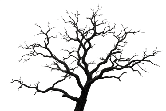 Detailed silhouette of a bare deciduous tree with intricate branches and twigs isolated on transparent background