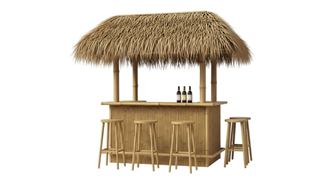 A tiki bar with a thatched roof and stools isolated on transparent background