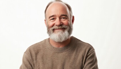 The photo shows a happy mature man with short graying hair and a full gray beard, wearing a brown knit sweater against a bright white background.